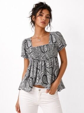 Womens Y2K 100% Cotton Top Smocked Babydoll Boho Sz S